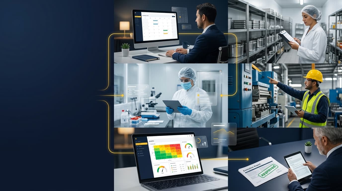 Auditores en oficina, laboratorio, bodega y planta usando SafetynTrust, con el reporte ejecutivo aprobado